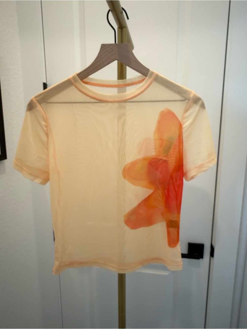 SHEIN Peach Sheer Short-Sleeve Tee with Orange Floral Accent
